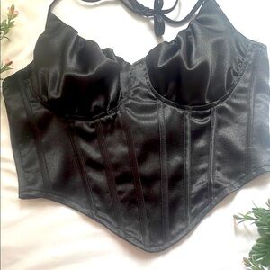 NWOT: Elegant Black Satin Corset Top - Halter/Criss Cross Design